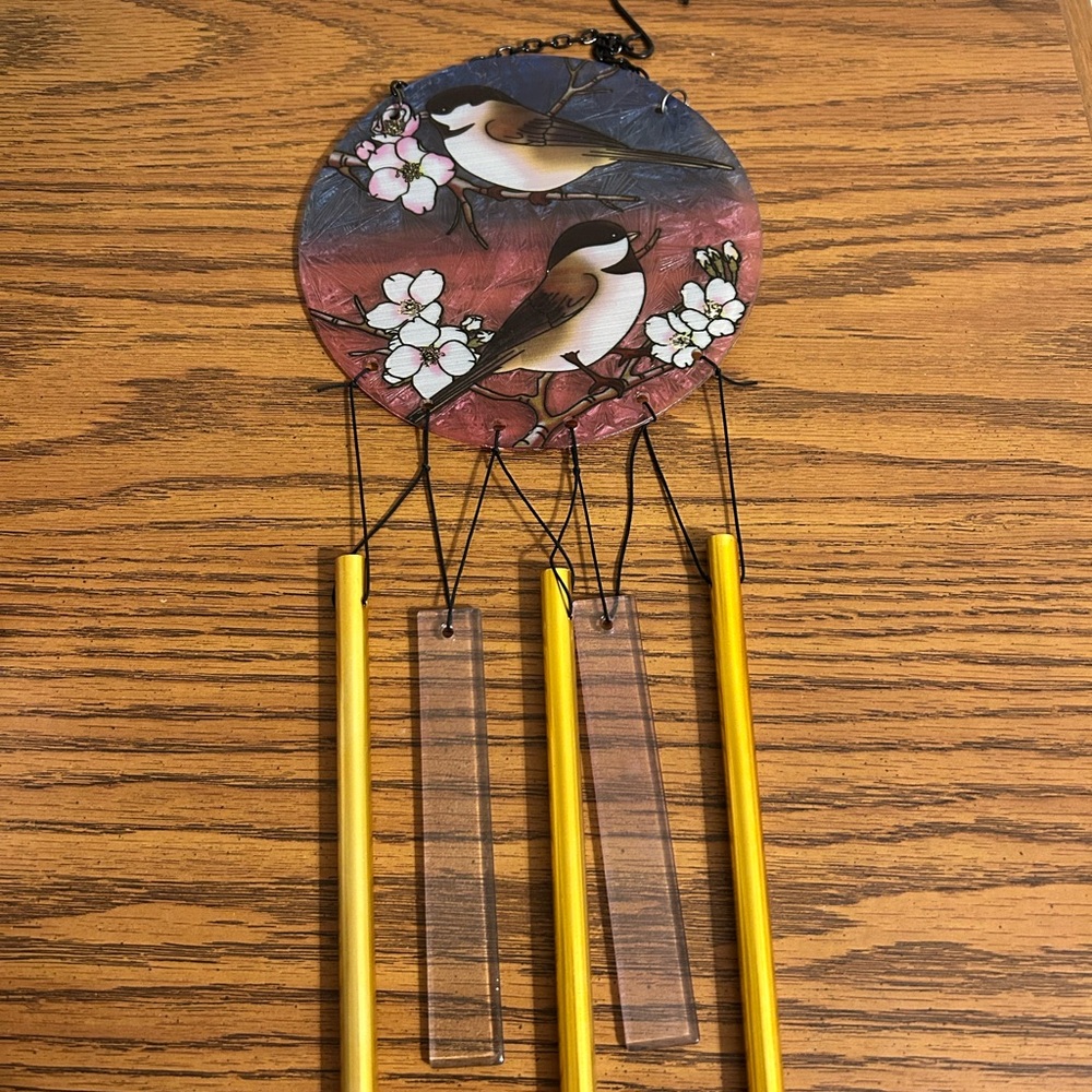 Brand New Chickadees With Cherry Blossoms Glass Wind Chimes